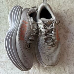 Hoka BONDI 8 Running Shoes in Light Gray with Peach Accents